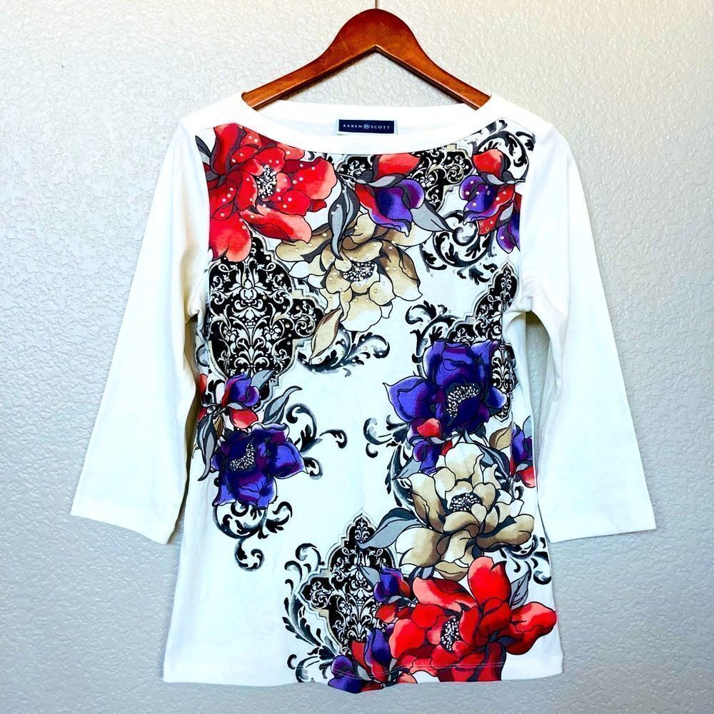 Karen Scott Crystal Embellished Floral Top S